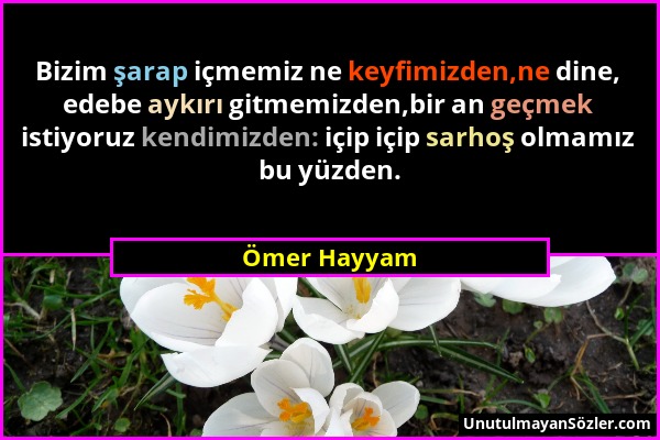 Ömer Hayyam - Bizim şarap içmemiz ne keyfimizden,ne dine, edebe aykırı gitmemizden,bir an geçmek istiyoruz kendimizden: içip içip sarhoş olmamız bu yü...