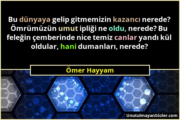 Ömer Hayyam - Bu dünyaya gelip gitmemizin kazancı nerede? Ömrümüzün umut ipliği ne oldu, nerede? Bu feleğin çemberinde nice temiz canlar yandı kül old...