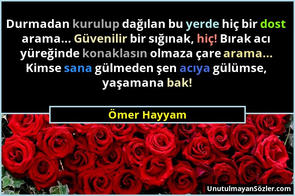 Ömer Hayyam - Durmadan kurulup dağılan bu yerde hiç bir dost arama... Güvenilir bir sığınak, hiç! Bırak acı yüreğinde konaklasın olmaza çare arama......