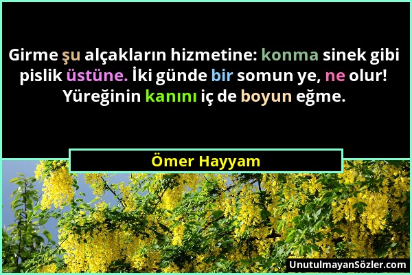 Ömer Hayyam - Girme şu alçakların hizmetine: konma sinek gibi pislik üstüne. İki günde bir somun ye, ne olur! Yüreğinin kanını iç de boyun eğme....