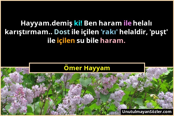 Ömer Hayyam - Hayyam.demiş ki! Ben haram ile helalı karıştırmam.. Dost ile içilen 'rakı' helaldir, 'puşt' ile içilen su bile haram....