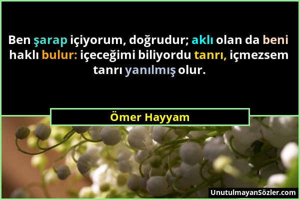 Ömer Hayyam - Ben şarap içiyorum, doğrudur; aklı olan da beni haklı bulur: içeceğimi biliyordu tanrı, içmezsem tanrı yanılmış olur....