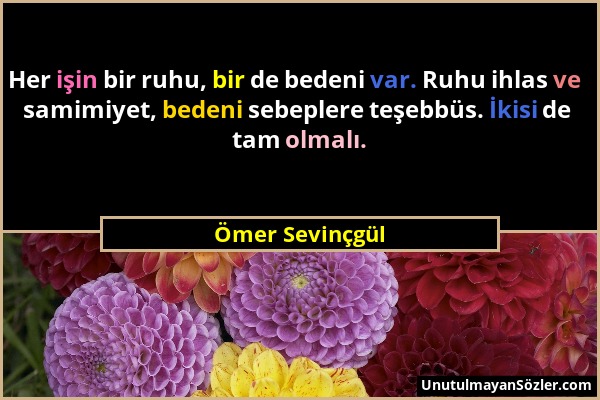 Ömer Sevinçgül - Her işin bir ruhu, bir de bedeni var. Ruhu ihlas ve samimiyet, bedeni sebeplere teşebbüs. İkisi de tam olmalı....