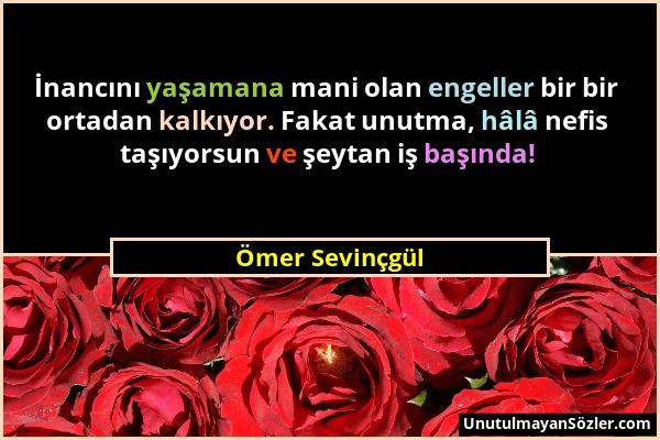 Ömer Sevinçgül - İnancını yaşamana mani olan engeller bir bir ortadan kalkıyor. Fakat unutma, hâlâ nefis taşıyorsun ve şeytan iş başında!...
