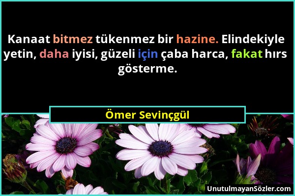 Ömer Sevinçgül - Kanaat bitmez tükenmez bir hazine. Elindekiyle yetin, daha iyisi, güzeli için çaba harca, fakat hırs gösterme....