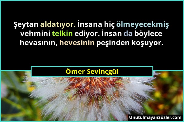 Ömer Sevinçgül - Şeytan aldatıyor. İnsana hiç ölmeyecekmiş vehmini telkin ediyor. İnsan da böylece hevasının, hevesinin peşinden koşuyor....