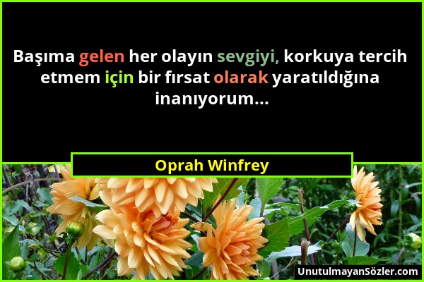 Oprah Winfrey - Başıma gelen her olayın sevgiyi, korkuya tercih etmem için bir fırsat olarak yaratıldığına inanıyorum......