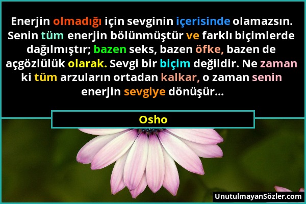 Osho - Enerjin olmadığı için sevginin içerisinde olamazsın. Senin tüm enerjin bölünmüştür ve farklı biçimlerde dağılmıştır; bazen seks, bazen öfke, ba...