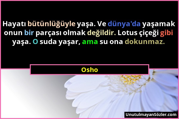 Osho - Hayatı bütünlüğüyle yaşa. Ve dünya'da yaşamak onun bir parçası olmak değildir. Lotus çiçeği gibi yaşa. O suda yaşar, ama su ona dokunmaz....