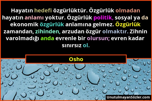 Osho - Hayatın hedefi özgürlüktür. Özgürlük olmadan hayatın anlamı yoktur. Özgürlük politik, sosyal ya da ekonomik özgürlük anlamına gelmez. Özgürlük...