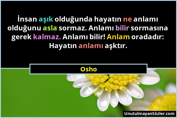 Osho - İnsan aşık olduğunda hayatın ne anlamı olduğunu asla sormaz. Anlamı bilir sormasına gerek kalmaz. Anlamı bilir! Anlam oradadır: Hayatın anlamı...