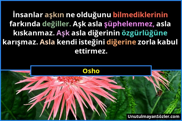 Osho - İnsanlar aşkın ne olduğunu bilmediklerinin farkında değiller. Aşk asla şüphelenmez, asla kıskanmaz. Aşk asla diğerinin özgürlüğüne karışmaz. As...