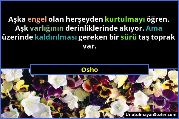 Osho - Aşka engel olan herşeyden kurtulmayı öğren. Aşk varlığının derinliklerinde akıyor. Ama üzerinde kaldırılması gereken bir sürü taş toprak var....