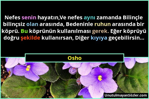 Osho - Nefes senin hayatın,Ve nefes aynı zamanda Bilinçle bilinçsiz olan arasında, Bedeninle ruhun arasında bir köprü. Bu köprünün kullanılması gerek....