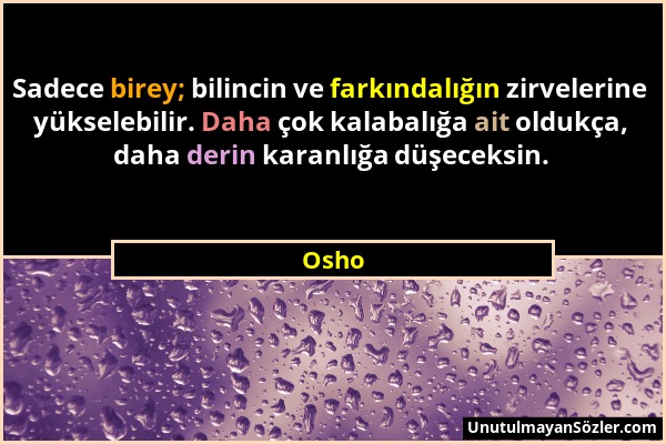 Osho - Sadece birey; bilincin ve farkındalığın zirvelerine yükselebilir. Daha çok kalabalığa ait oldukça, daha derin karanlığa düşeceksin....
