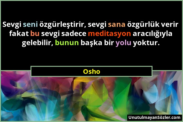Osho - Sevgi seni özgürleştirir, sevgi sana özgürlük verir fakat bu sevgi sadece meditasyon aracılığıyla gelebilir, bunun başka bir yolu yoktur....