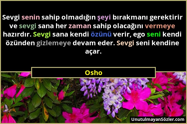 Osho - Sevgi senin sahip olmadığın şeyi bırakmanı gerektirir ve sevgi sana her zaman sahip olacağını vermeye hazırdır. Sevgi sana kendi özünü verir, e...