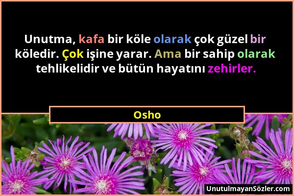 Osho - Unutma, kafa bir köle olarak çok güzel bir köledir. Çok işine yarar. Ama bir sahip olarak tehlikelidir ve bütün hayatını zehirler....