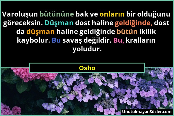 Osho - Varoluşun bütününe bak ve onların bir olduğunu göreceksin. Düşman dost haline geldiğinde, dost da düşman haline geldiğinde bütün ikilik kaybolu...