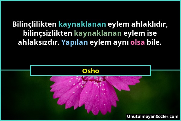 Osho - Bilinçlilikten kaynaklanan eylem ahlaklıdır, bilinçsizlikten kaynaklanan eylem ise ahlaksızdır. Yapılan eylem aynı olsa bile....