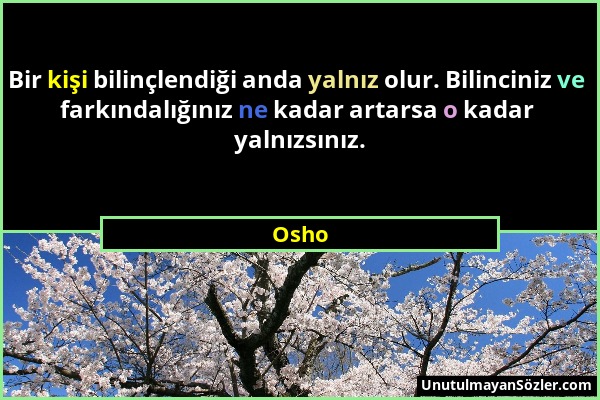 Osho - Bir kişi bilinçlendiği anda yalnız olur. Bilinciniz ve farkındalığınız ne kadar artarsa o kadar yalnızsınız....