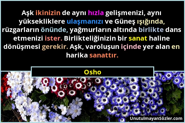 Osho - Aşk ikinizin de aynı hızla gelişmenizi, aynı yüksekliklere ulaşmanızı ve Güneş ışığında, rüzgarların önünde, yağmurların altında birlikte dans...