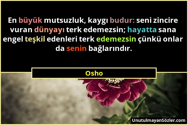 Osho - En büyük mutsuzluk, kaygı budur: seni zincire vuran dünyayı terk edemezsin; hayatta sana engel teşkil edenleri terk edemezsin çünkü onlar da se...