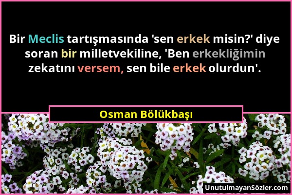 Osman Bölükbaşı - Bir Meclis tartışmasında 'sen erkek misin?' diye soran bir milletvekiline, 'Ben erkekliğimin zekatını versem, sen bile erkek olurdun...