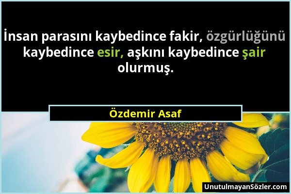 Özdemir Asaf - İnsan parasını kaybedince fakir, özgürlüğünü kaybedince esir, aşkını kaybedince şair olurmuş....