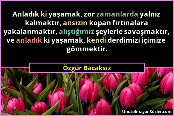 Özgür Bacaksız - Anladık ki yaşamak, zor zamanlarda yalnız kalmaktır, ansızın kopan fırtınalara yakalanmaktır, alıştığımız şeylerle savaşmaktır, ve an...