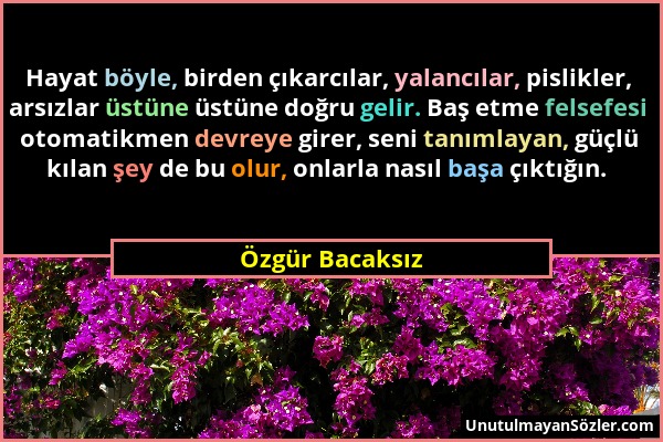 Özgür Bacaksız - Hayat böyle, birden çıkarcılar, yalancılar, pislikler, arsızlar üstüne üstüne doğru gelir. Baş etme felsefesi otomatikmen devreye gir...