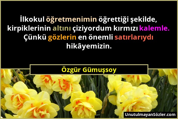 Özgür Gümuşsoy - İlkokul öğretmenimin öğrettiği şekilde, kirpiklerinin altını çiziyordum kırmızı kalemle. Çünkü gözlerin en önemli satırlarıydı hikâye...