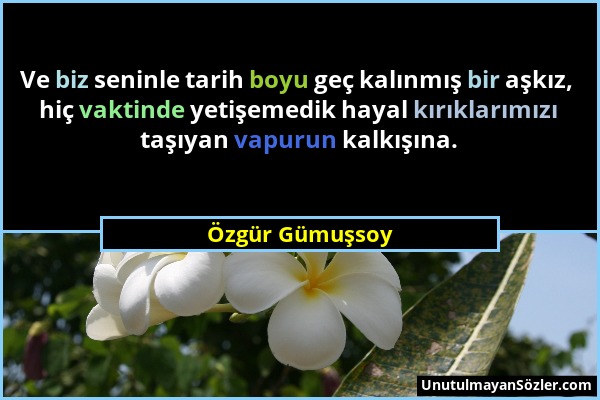 Özgür Gümuşsoy - Ve biz seninle tarih boyu geç kalınmış bir aşkız, hiç vaktinde yetişemedik hayal kırıklarımızı taşıyan vapurun kalkışına....