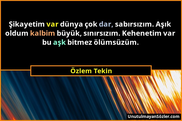 Özlem Tekin - Şikayetim var dünya çok dar, sabırsızım. Aşık oldum kalbim büyük, sınırsızım. Kehenetim var bu aşk bitmez ölümsüzüm....