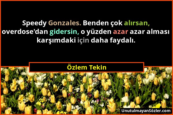 Özlem Tekin - Speedy Gonzales. Benden çok alırsan, overdose'dan gidersin, o yüzden azar azar alması karşımdaki için daha faydalı....