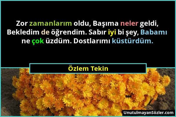 Özlem Tekin - Zor zamanlarım oldu, Başıma neler geldi, Bekledim de öğrendim. Sabır iyi bi şey, Babamı ne çok üzdüm. Dostlarımı küstürdüm....