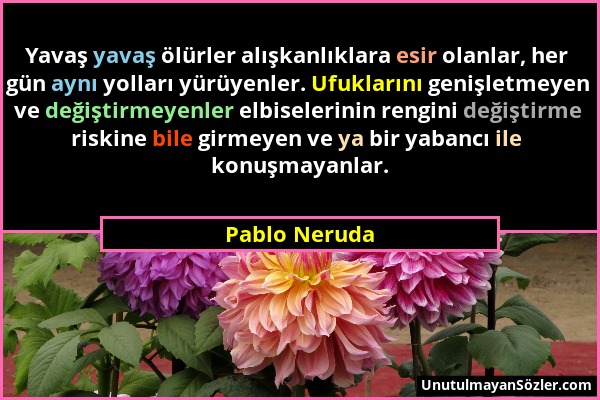 Pablo Neruda - Yavaş yavaş ölürler alışkanlıklara esir olanlar, her gün aynı yolları yürüyenler. Ufuklarını genişletmeyen ve değiştirmeyenler elbisele...