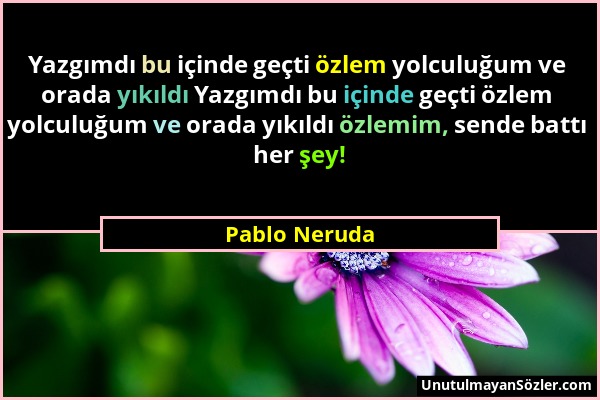 Pablo Neruda - Yazgımdı bu içinde geçti özlem yolculuğum ve orada yıkıldı Yazgımdı bu içinde geçti özlem yolculuğum ve orada yıkıldı özlemim, sende ba...