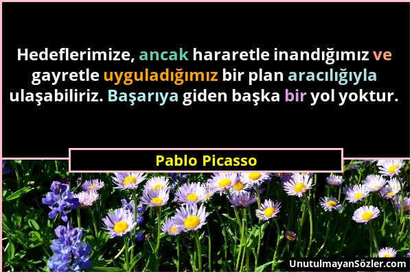 Pablo Picasso - Hedeflerimize, ancak hararetle inandığımız ve gayretle uyguladığımız bir plan aracılığıyla ulaşabiliriz. Başarıya giden başka bir yol...