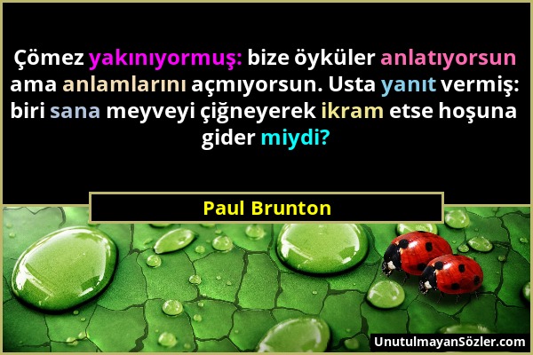 Paul Brunton - Çömez yakınıyormuş: bize öyküler anlatıyorsun ama anlamlarını açmıyorsun. Usta yanıt vermiş: biri sana meyveyi çiğneyerek ikram etse ho...