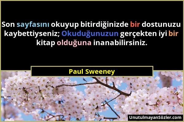 Paul Sweeney - Son sayfasını okuyup bitirdiğinizde bir dostunuzu kaybettiyseniz; Okuduğunuzun gerçekten iyi bir kitap olduğuna inanabilirsiniz....