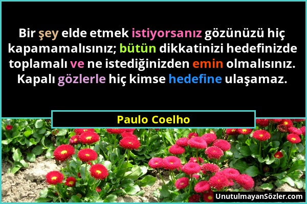 Paulo Coelho - Bir şey elde etmek istiyorsanız gözünüzü hiç kapamamalısınız; bütün dikkatinizi hedefinizde toplamalı ve ne istediğinizden emin olmalıs...