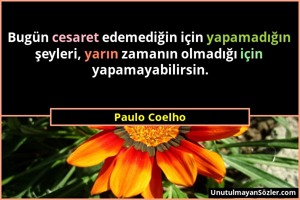 Paulo Coelho - Bugün cesaret edemediğin için yapamadığın şeyleri, yarın zamanın olmadığı için yapamayabilirsin....