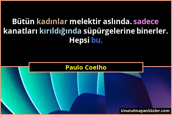Paulo Coelho - Bütün kadınlar melektir aslında. sadece kanatları kırıldığında süpürgelerine binerler. Hepsi bu....