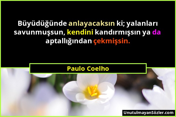 Paulo Coelho - Büyüdüğünde anlayacaksın ki; yalanları savunmuşsun, kendini kandırmışsın ya da aptallığından çekmişsin....