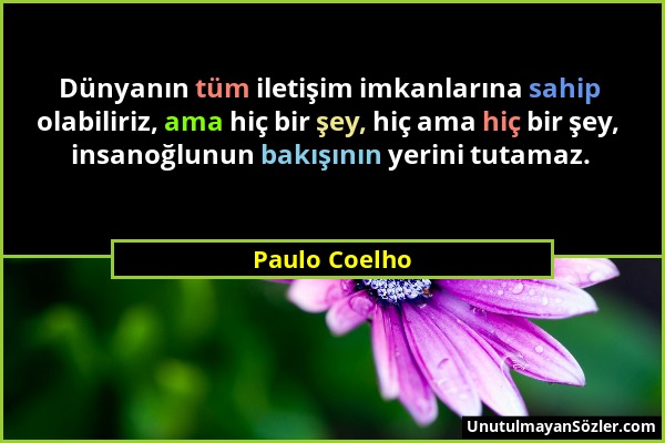Paulo Coelho - Dünyanın tüm iletişim imkanlarına sahip olabiliriz, ama hiç bir şey, hiç ama hiç bir şey, insanoğlunun bakışının yerini tutamaz....