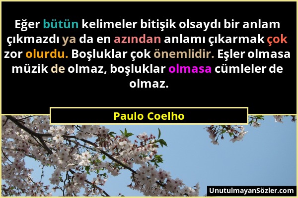 Paulo Coelho - Eğer bütün kelimeler bitişik olsaydı bir anlam çıkmazdı ya da en azından anlamı çıkarmak çok zor olurdu. Boşluklar çok önemlidir. Eşler...