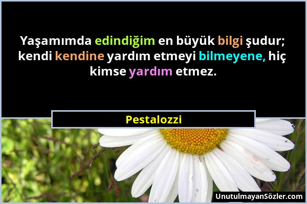 Pestalozzi - Yaşamımda edindiğim en büyük bilgi şudur; kendi kendine yardım etmeyi bilmeyene, hiç kimse yardım etmez....