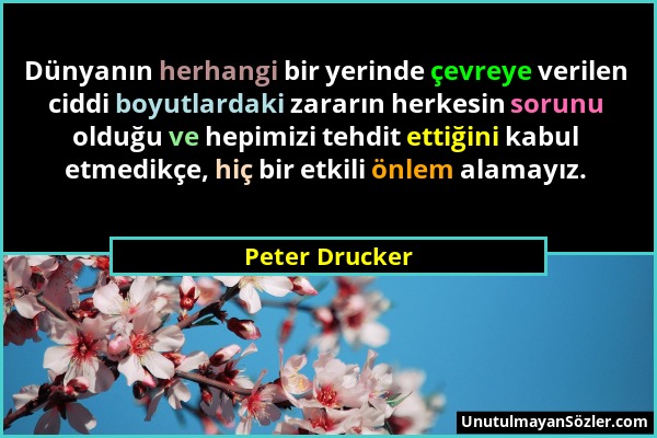 Peter Drucker - Dünyanın herhangi bir yerinde çevreye verilen ciddi boyutlardaki zararın herkesin sorunu olduğu ve hepimizi tehdit ettiğini kabul etme...
