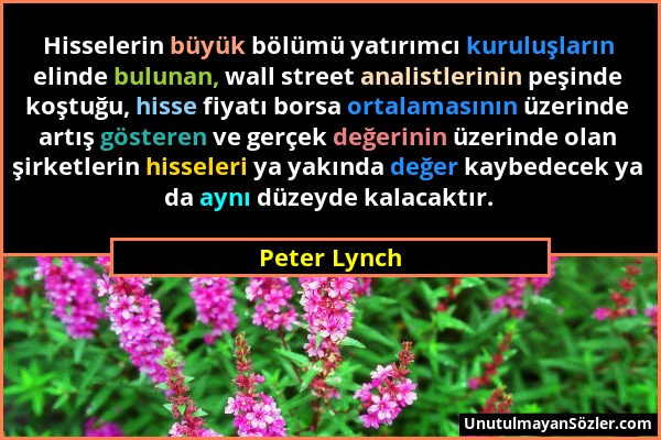 Peter Lynch - Hisselerin büyük bölümü yatırımcı kuruluşların elinde bulunan, wall street analistlerinin peşinde koştuğu, hisse fiyatı borsa ortalaması...